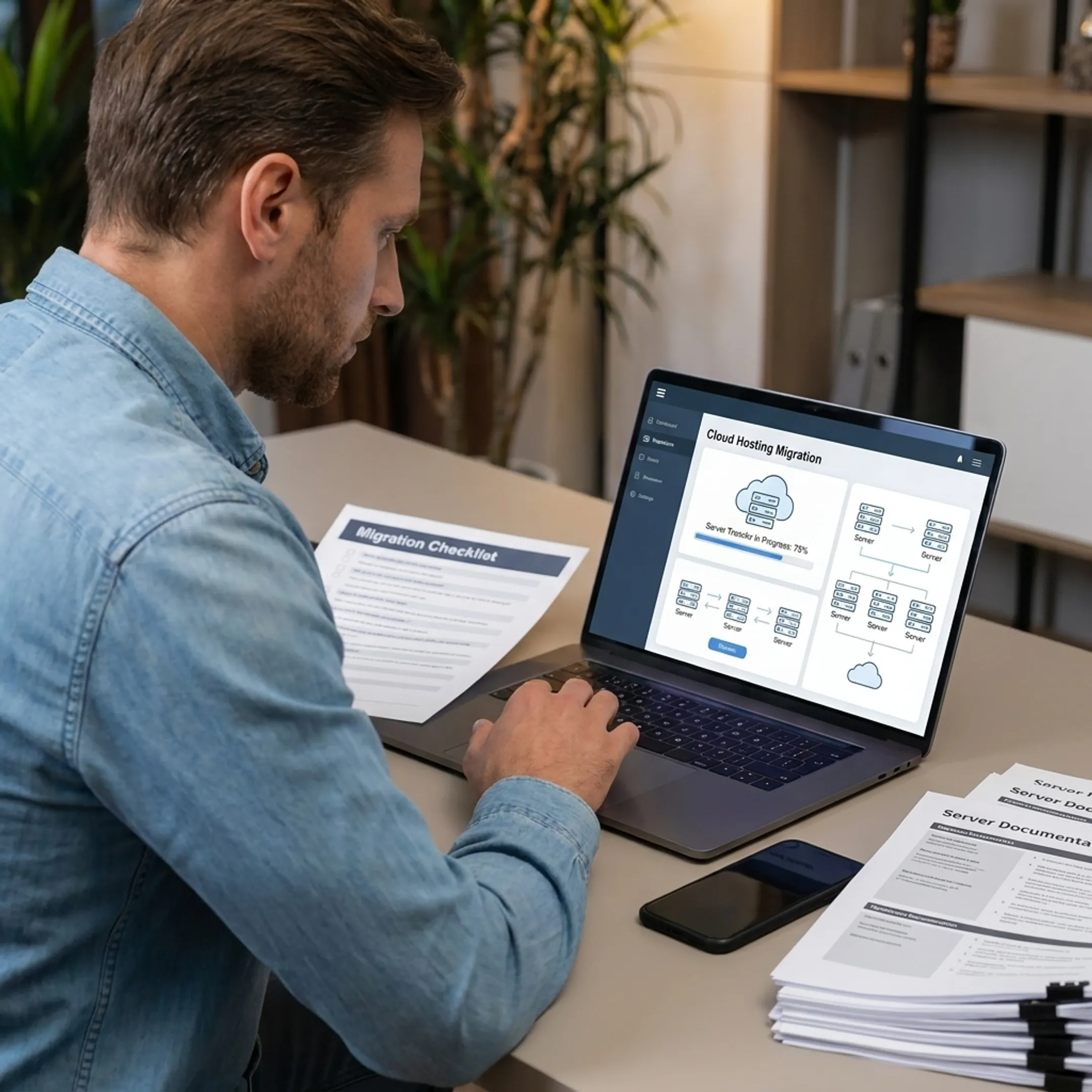 Technician planning a secure website hosting transfer