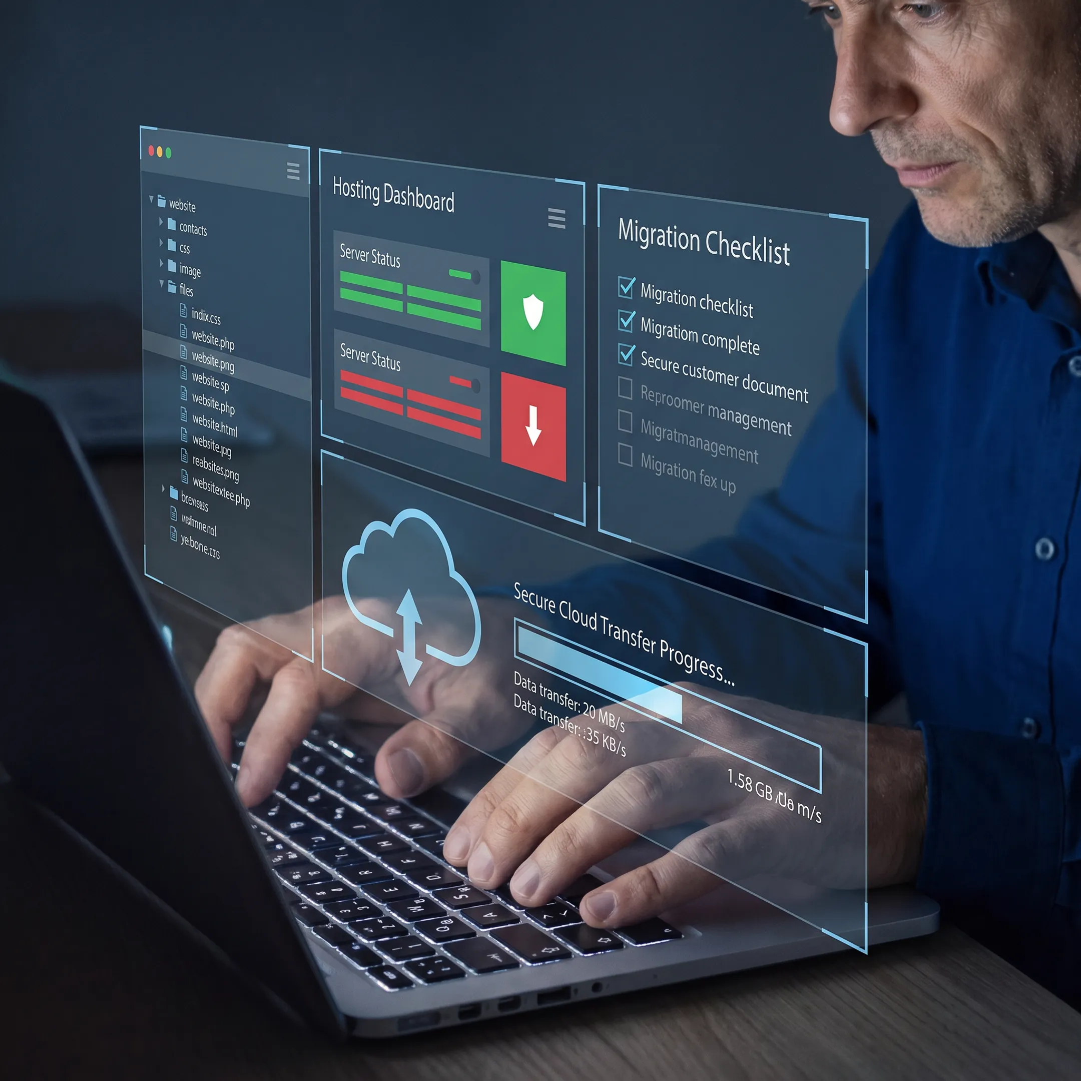 IT specialist reviewing a website migration dashboard