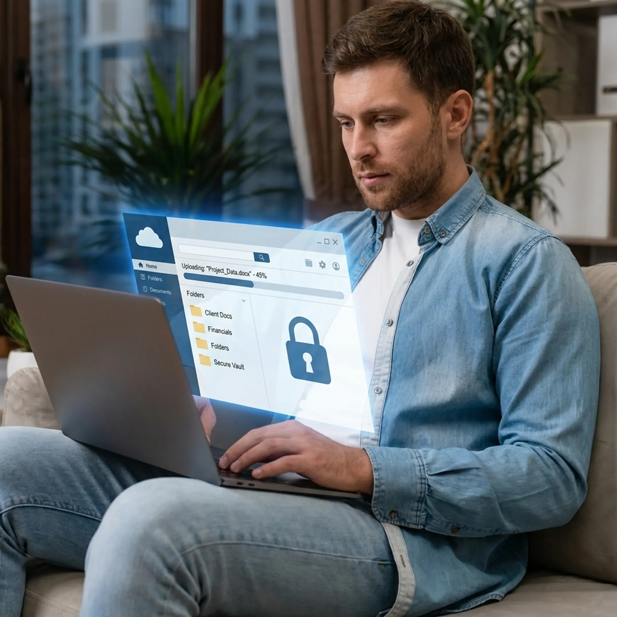Business professional securely sharing files on a laptop