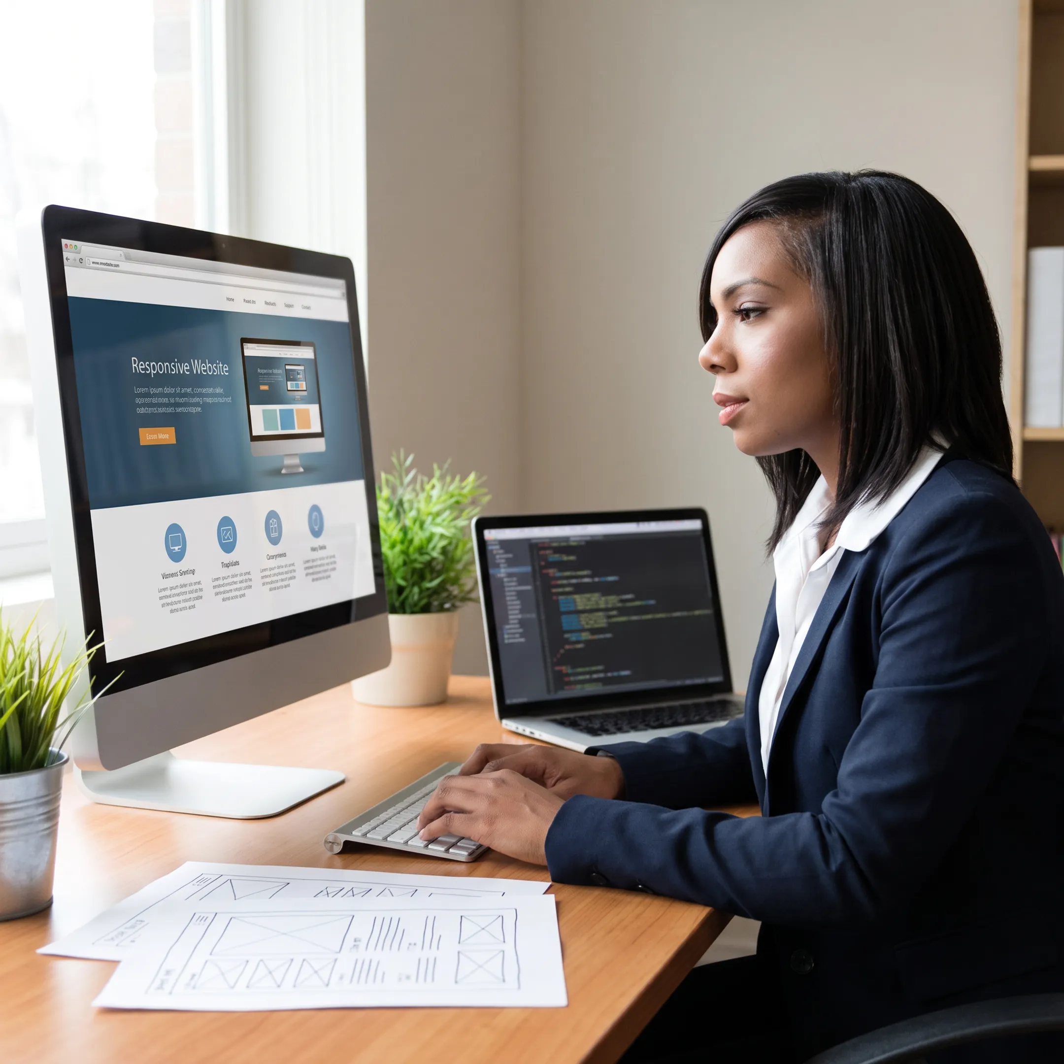 Designer creating a business website on a desktop monitor