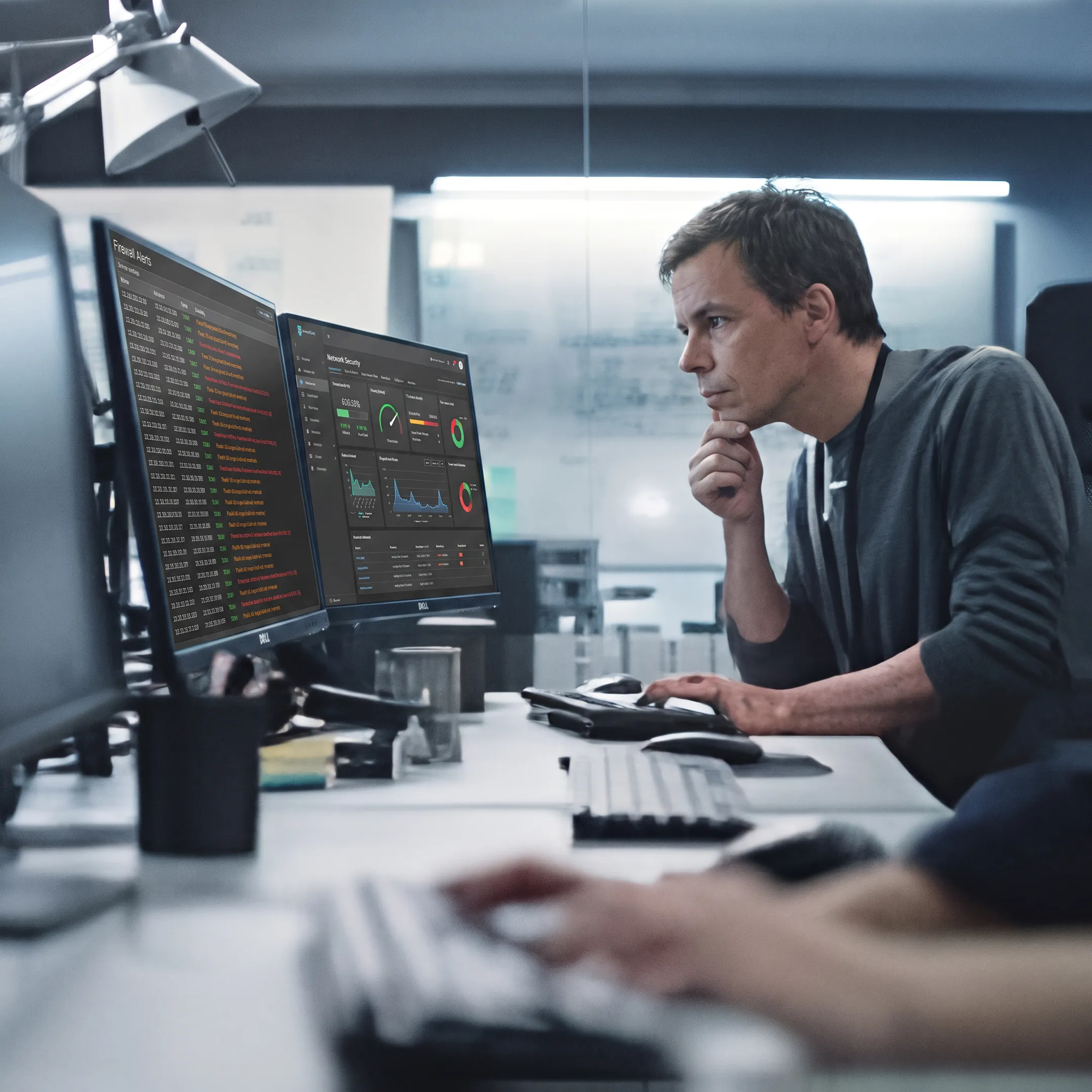 IT engineer monitoring cybersecurity dashboard