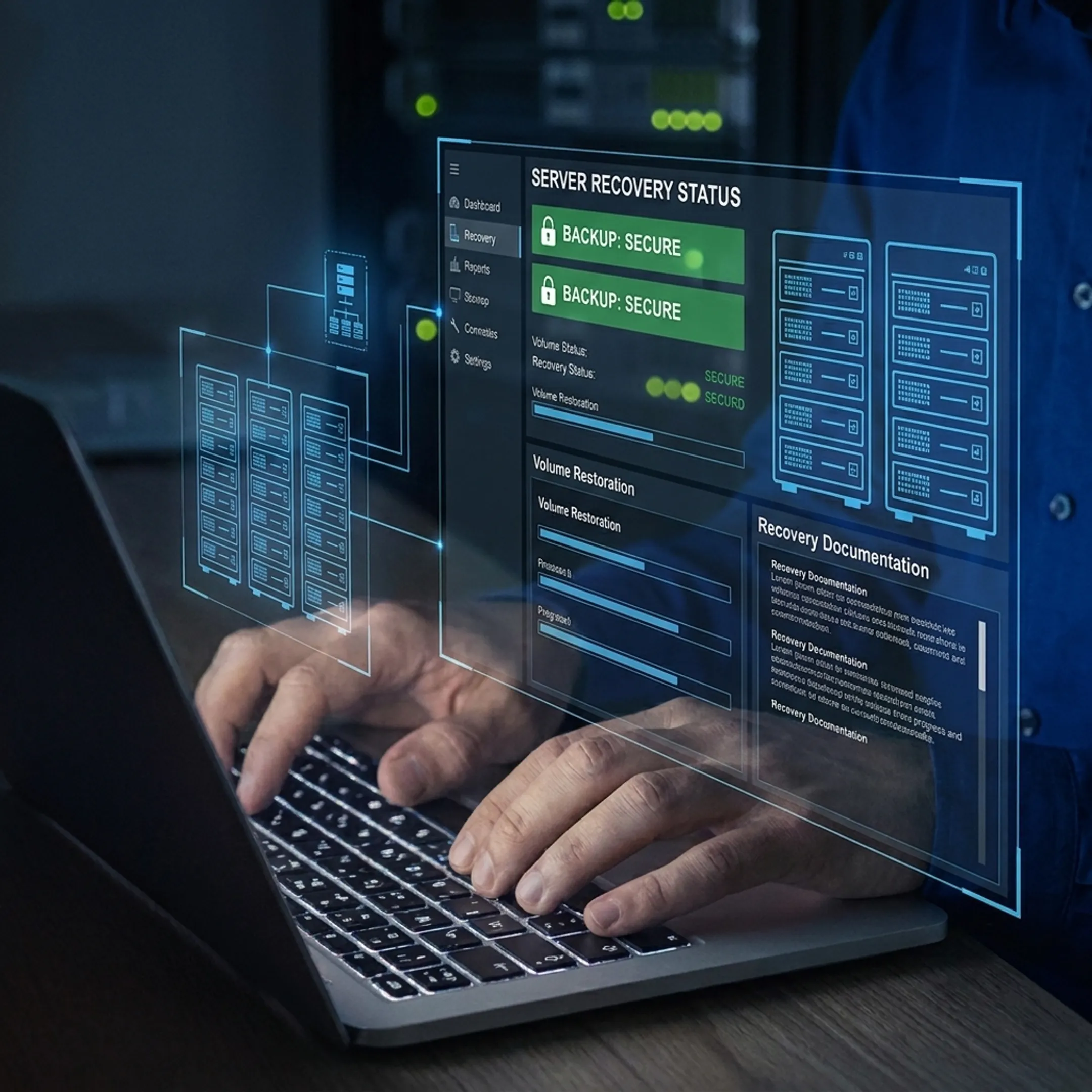 Technician monitoring virtual server recovery