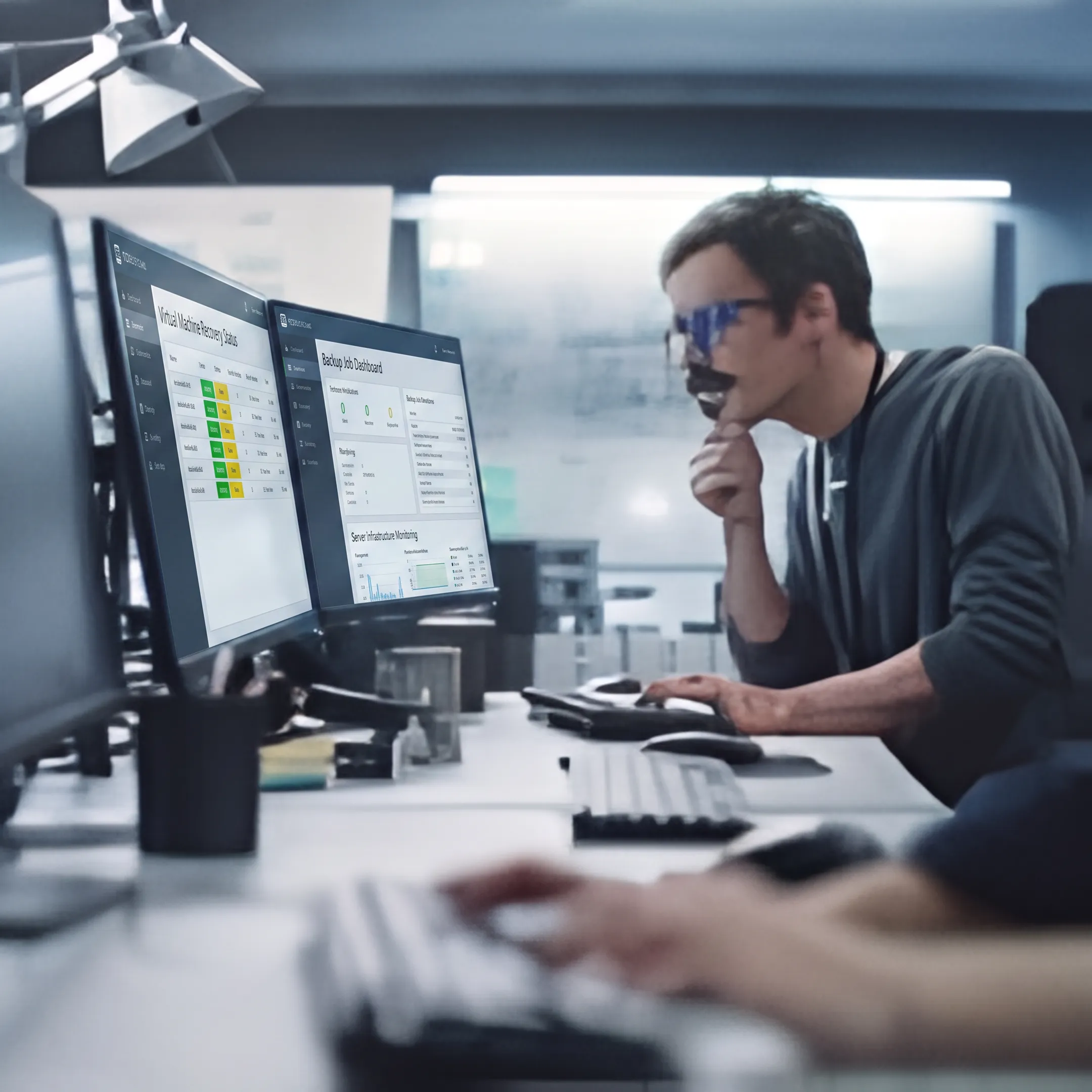 IT engineer reviewing virtual machine recovery status