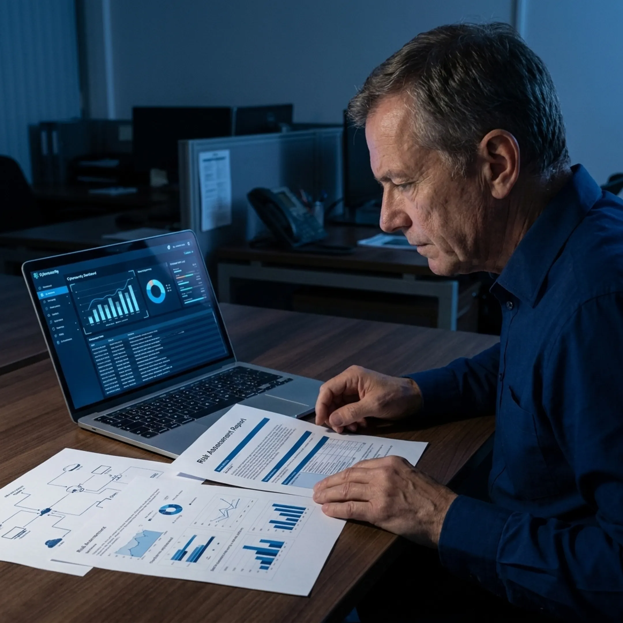 IT professional analyzing a cybersecurity assessment report
