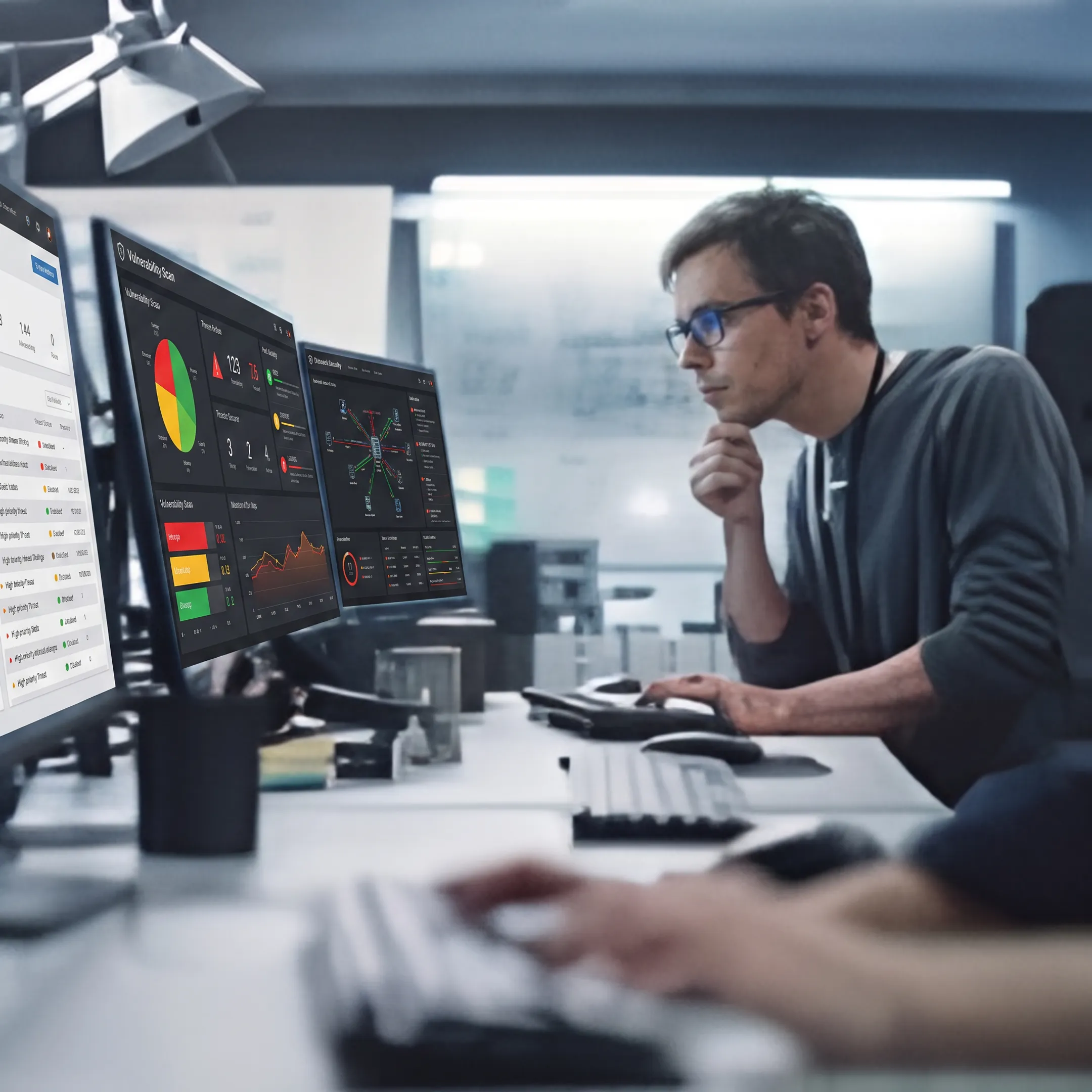 Cybersecurity engineer reviewing network security findings