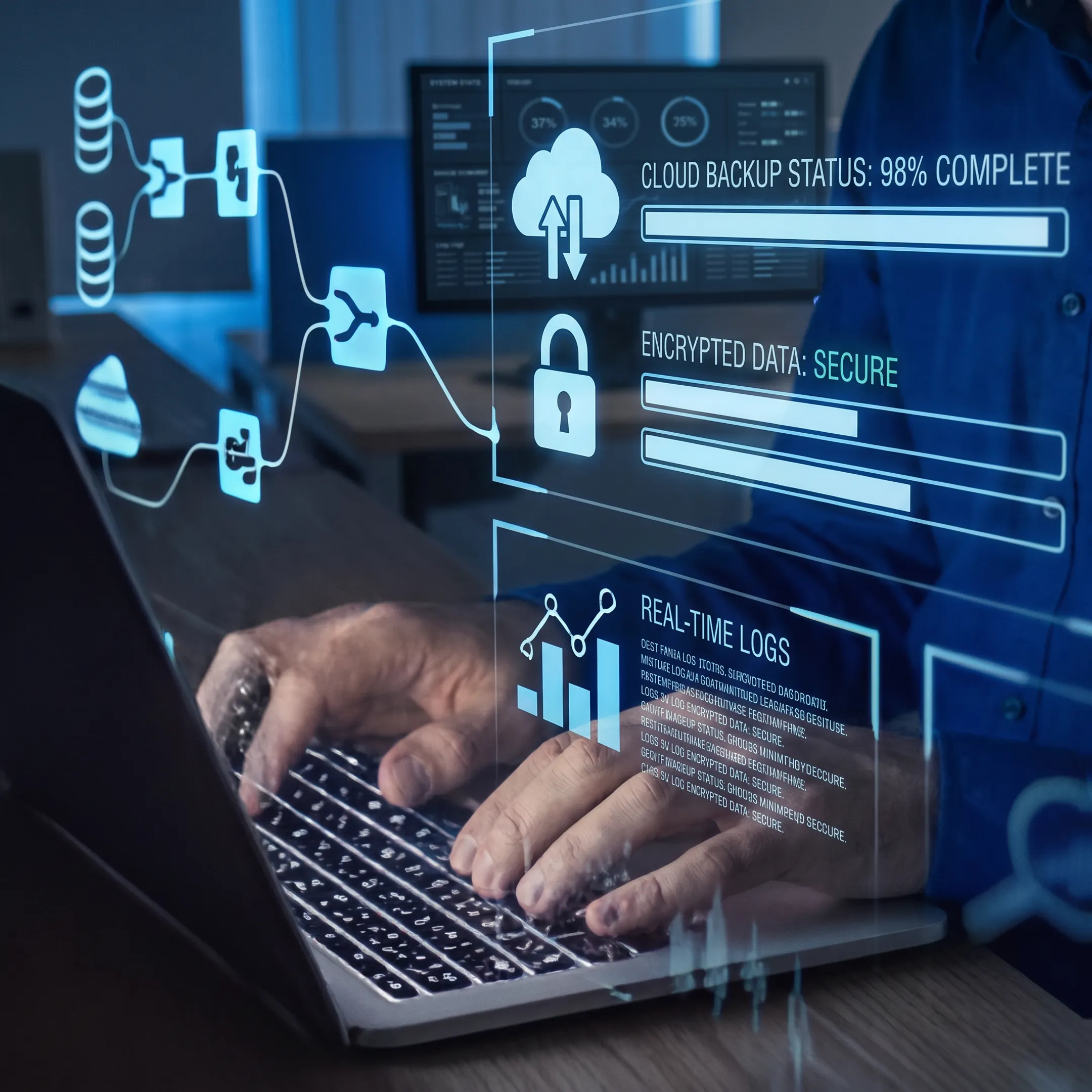 IT professional reviewing secure data protection dashboard