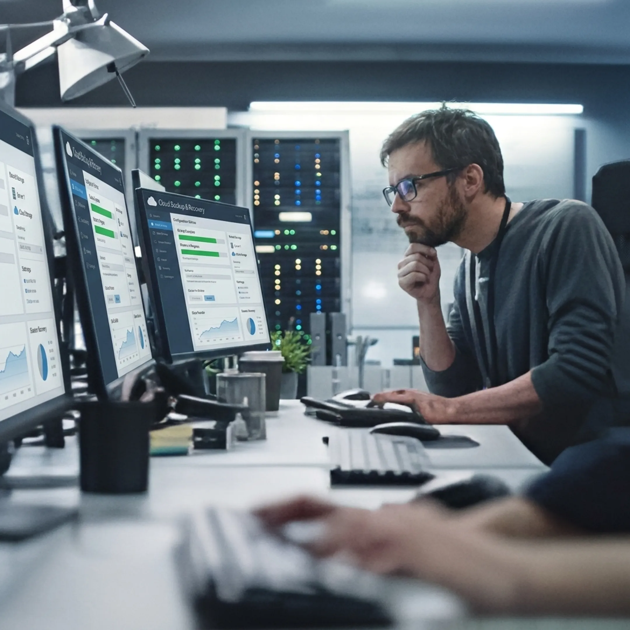 IT engineer configuring cloud backup recovery