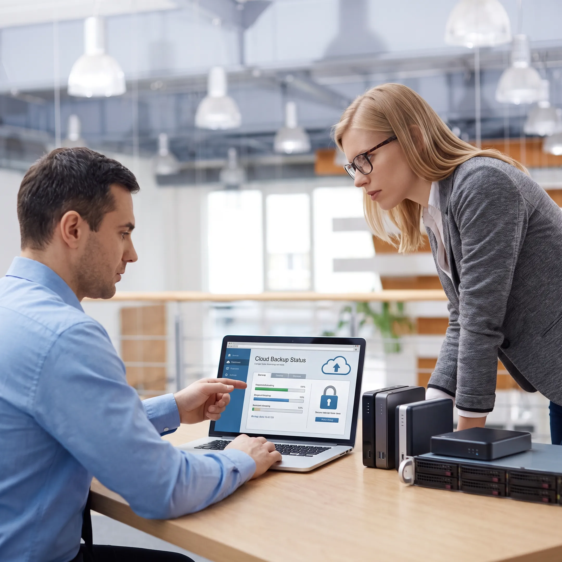Small business team reviewing secure cloud backup