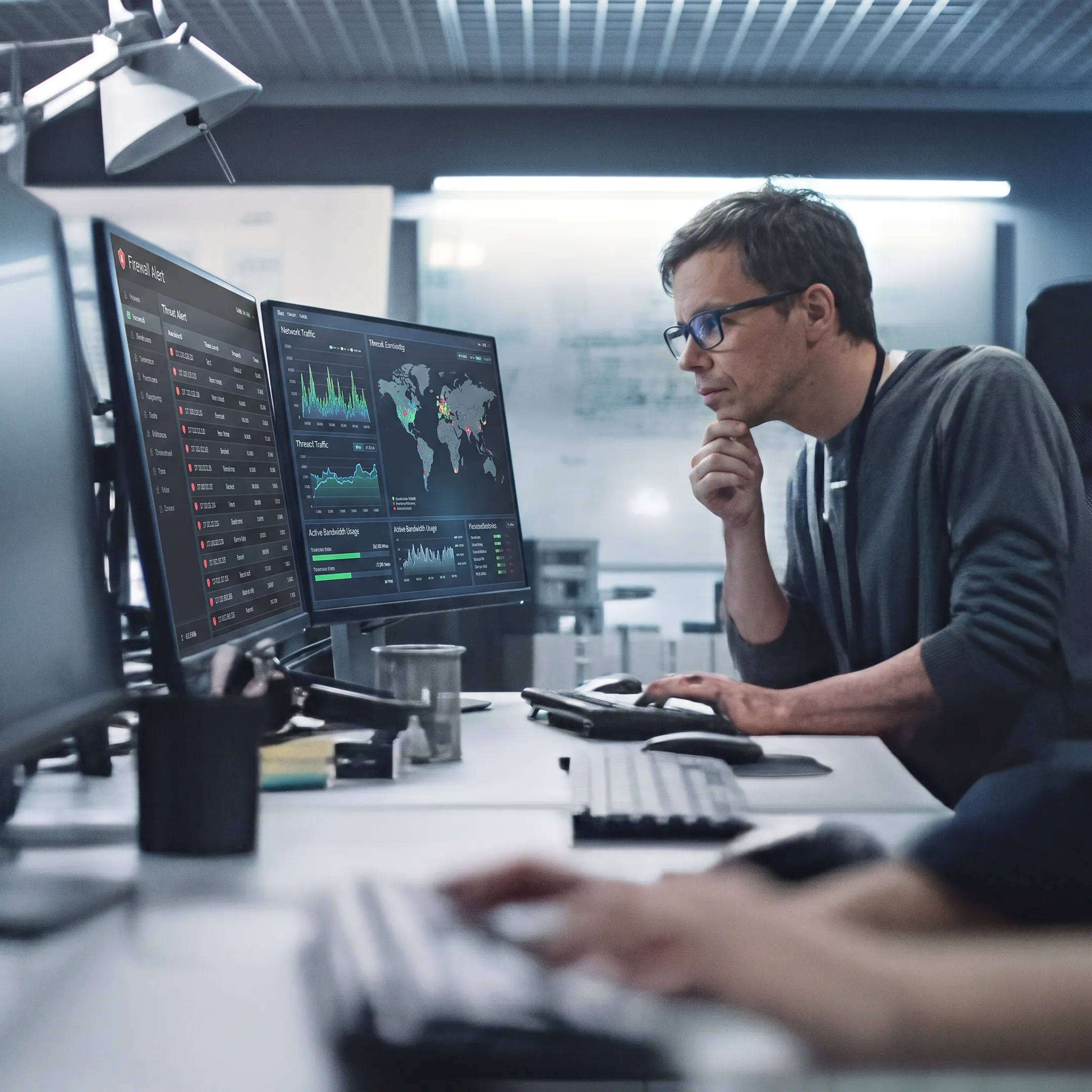 IT professional reviewing network security dashboard