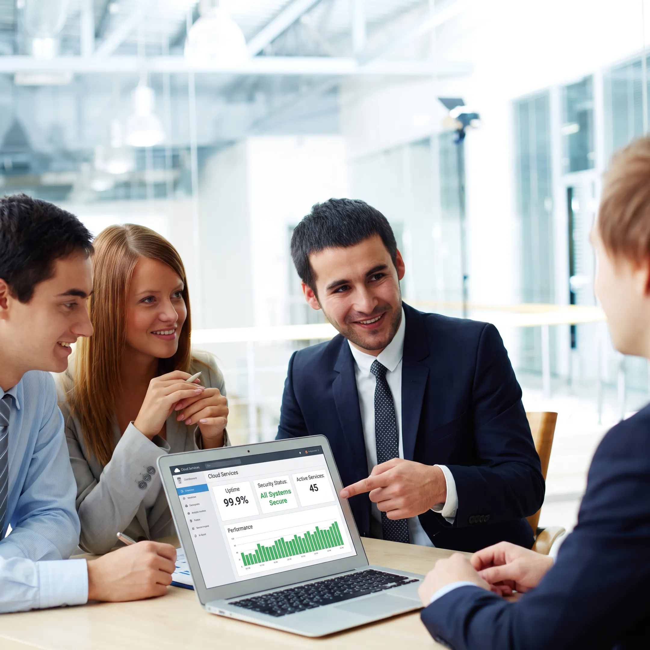 Startup team collaborating with an IT specialist