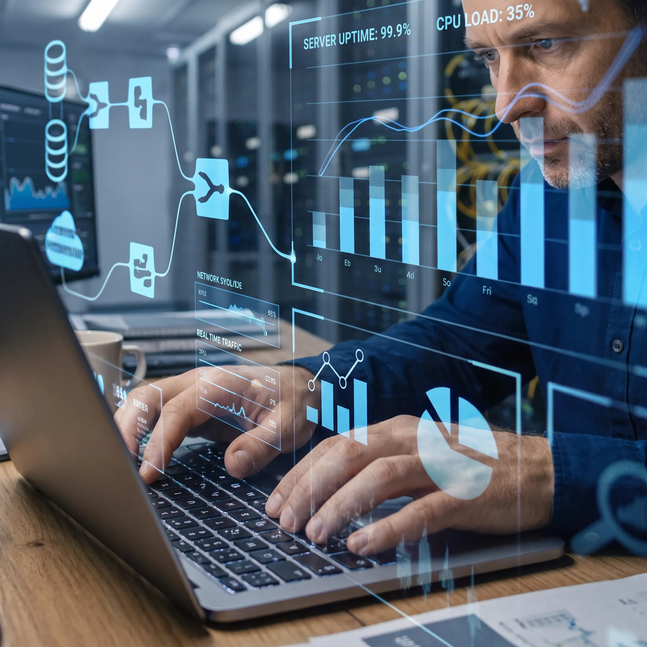 IT engineer monitoring business network systems