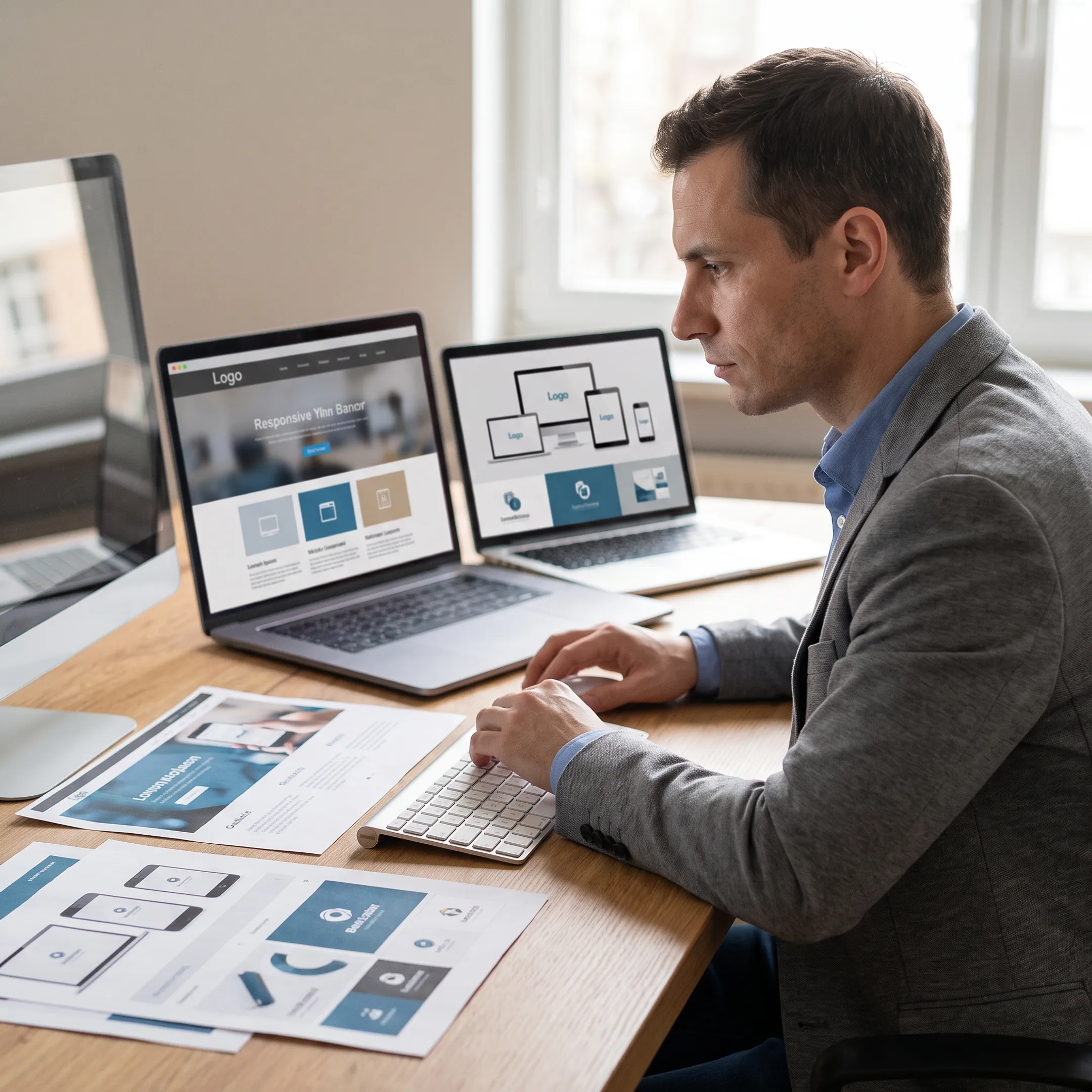 Designer reviewing a business website on a laptop