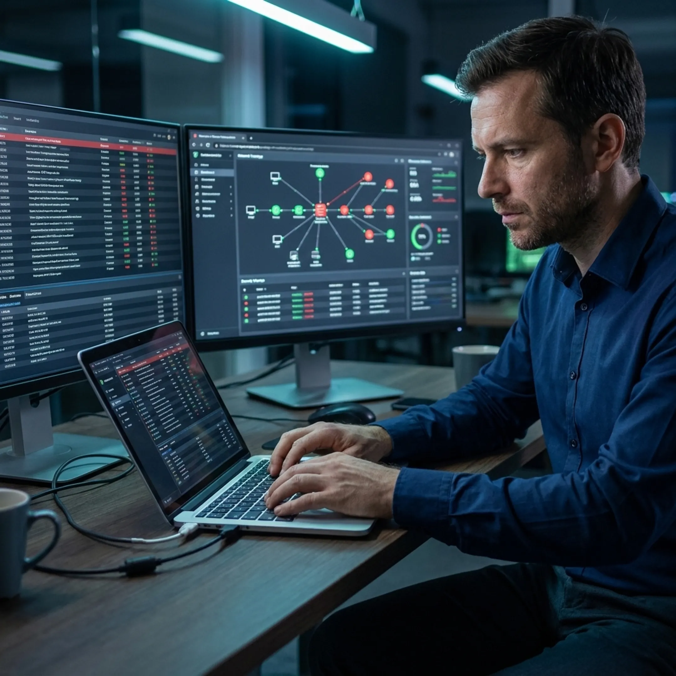 IT professional monitoring cybersecurity alerts on multiple screens
