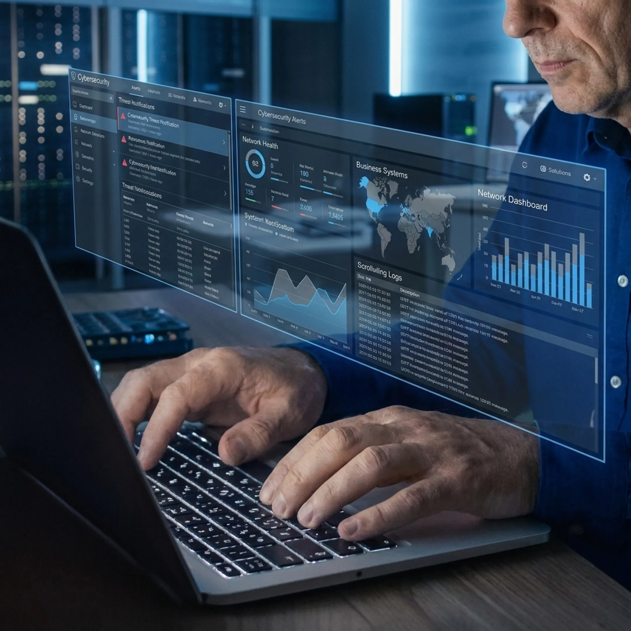 Security specialist reviewing real-time network alerts