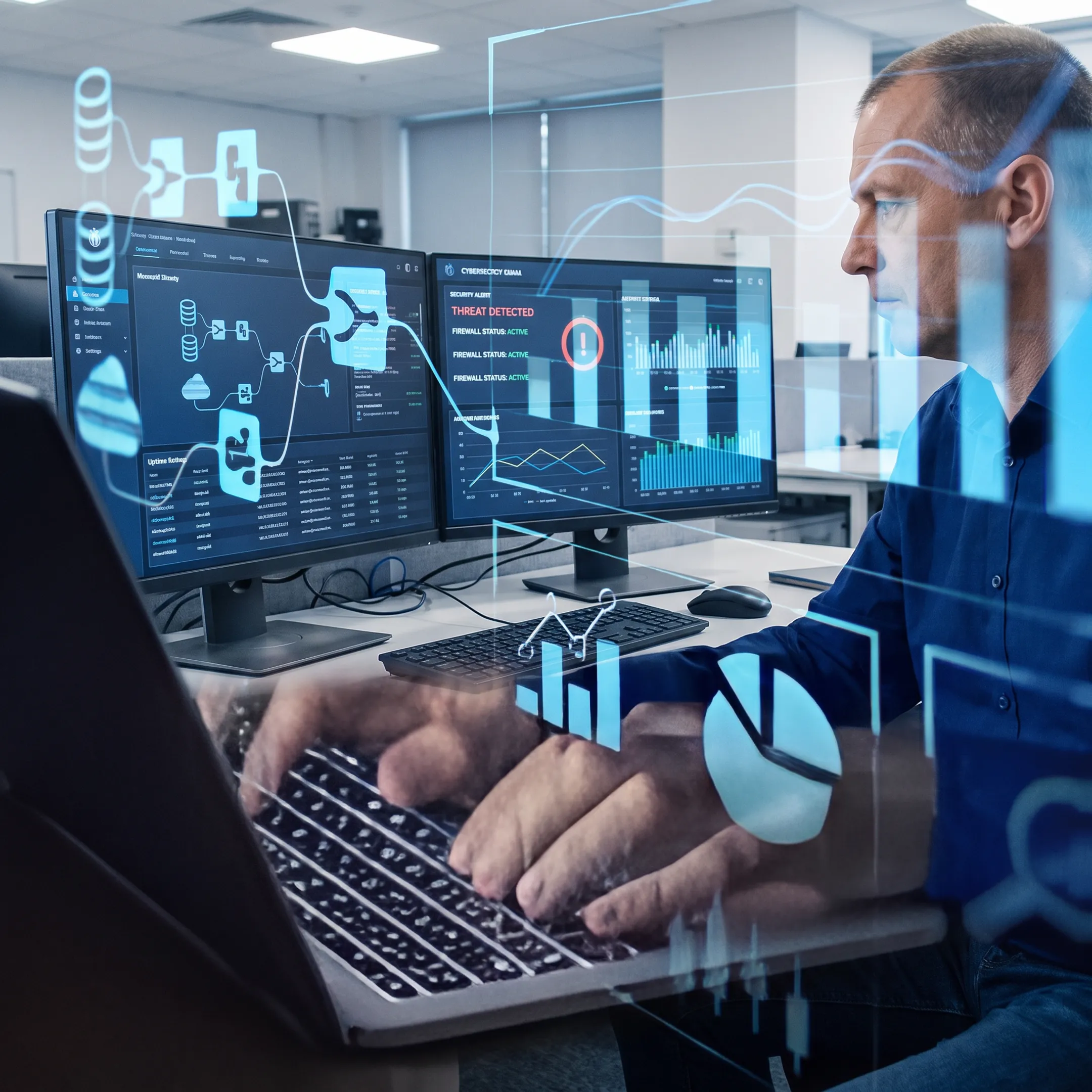 IT professional monitoring a business network