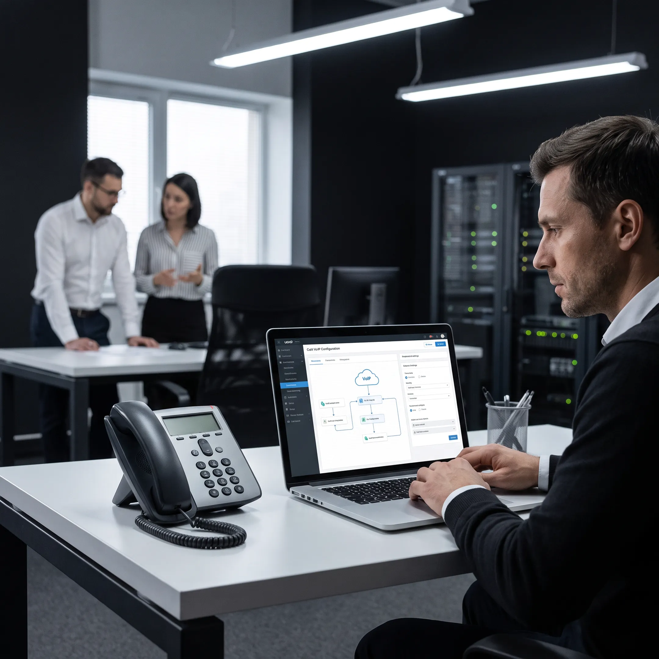 IT professional configuring a business VoIP phone system