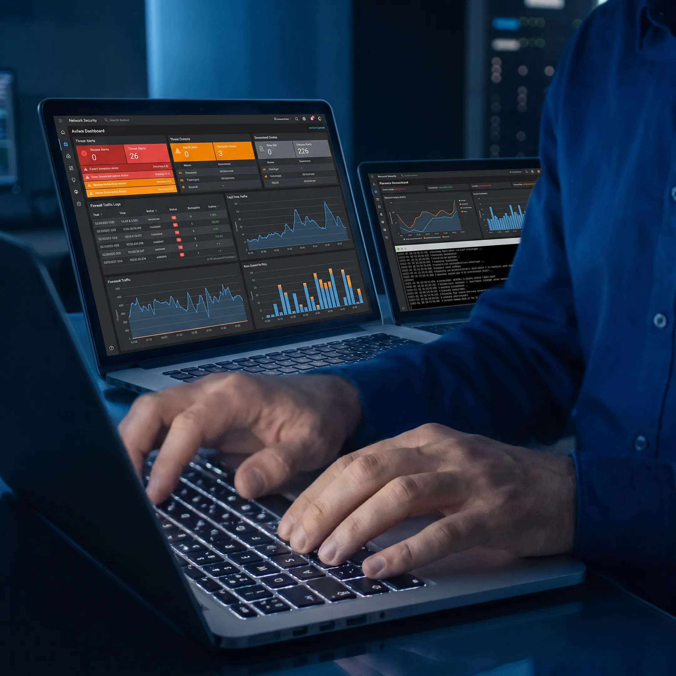 IT engineer reviewing network security dashboard