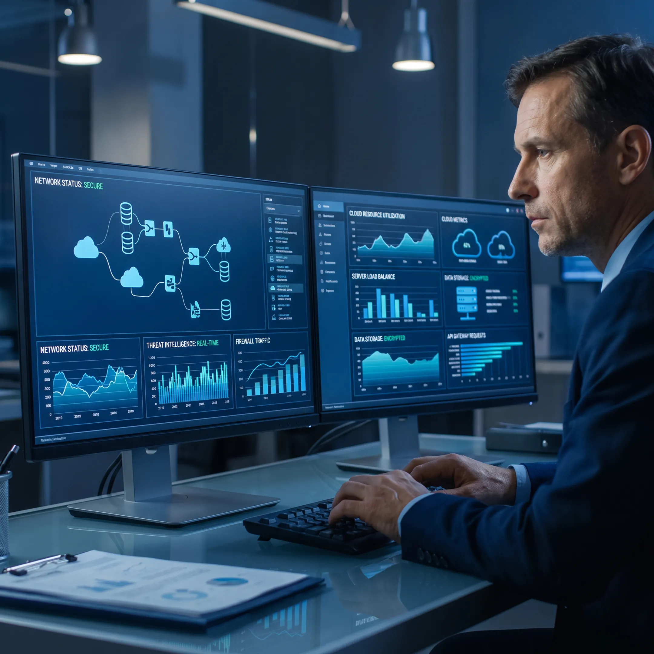 Financial professional reviewing secure technology dashboard