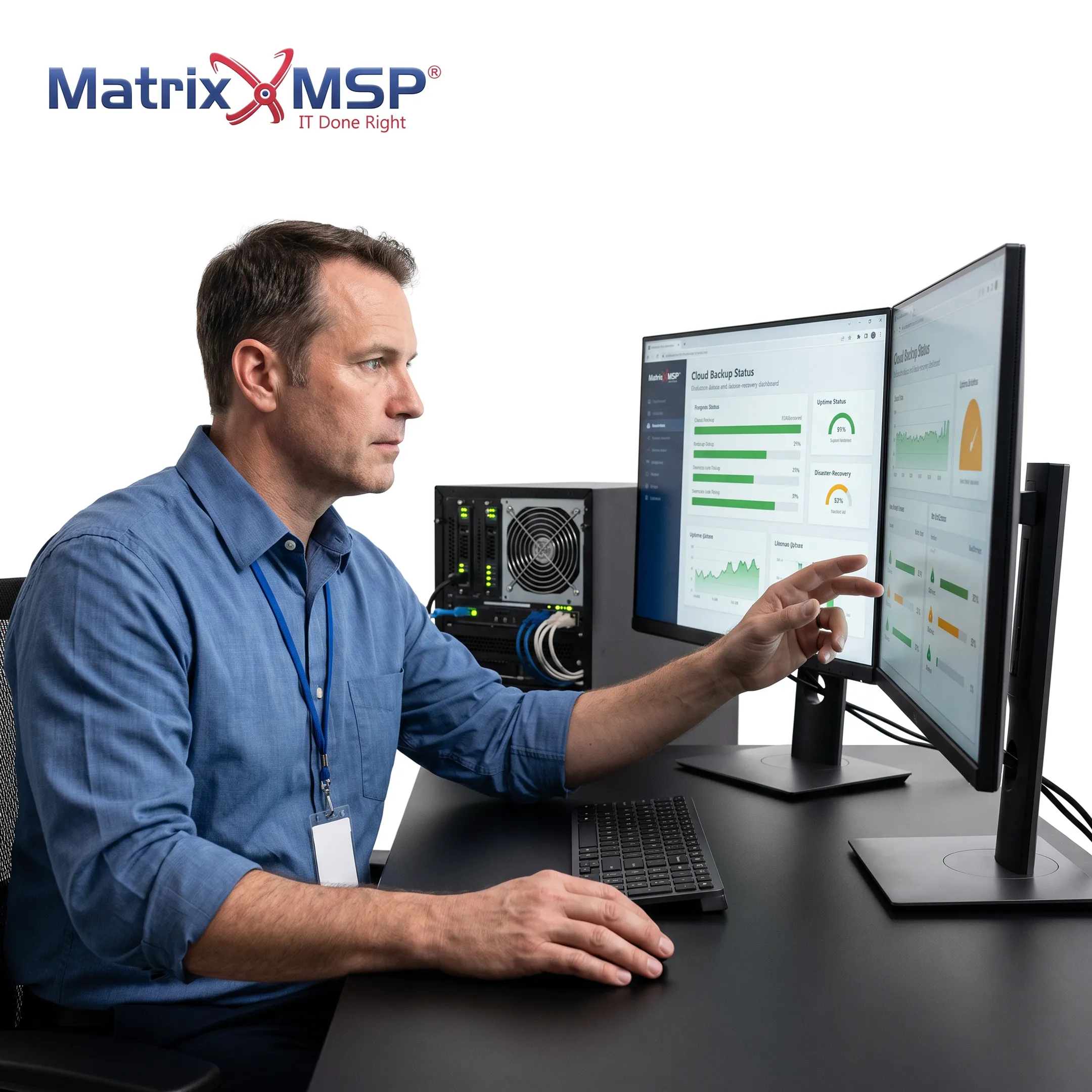 IT professional reviewing secure data backup dashboard