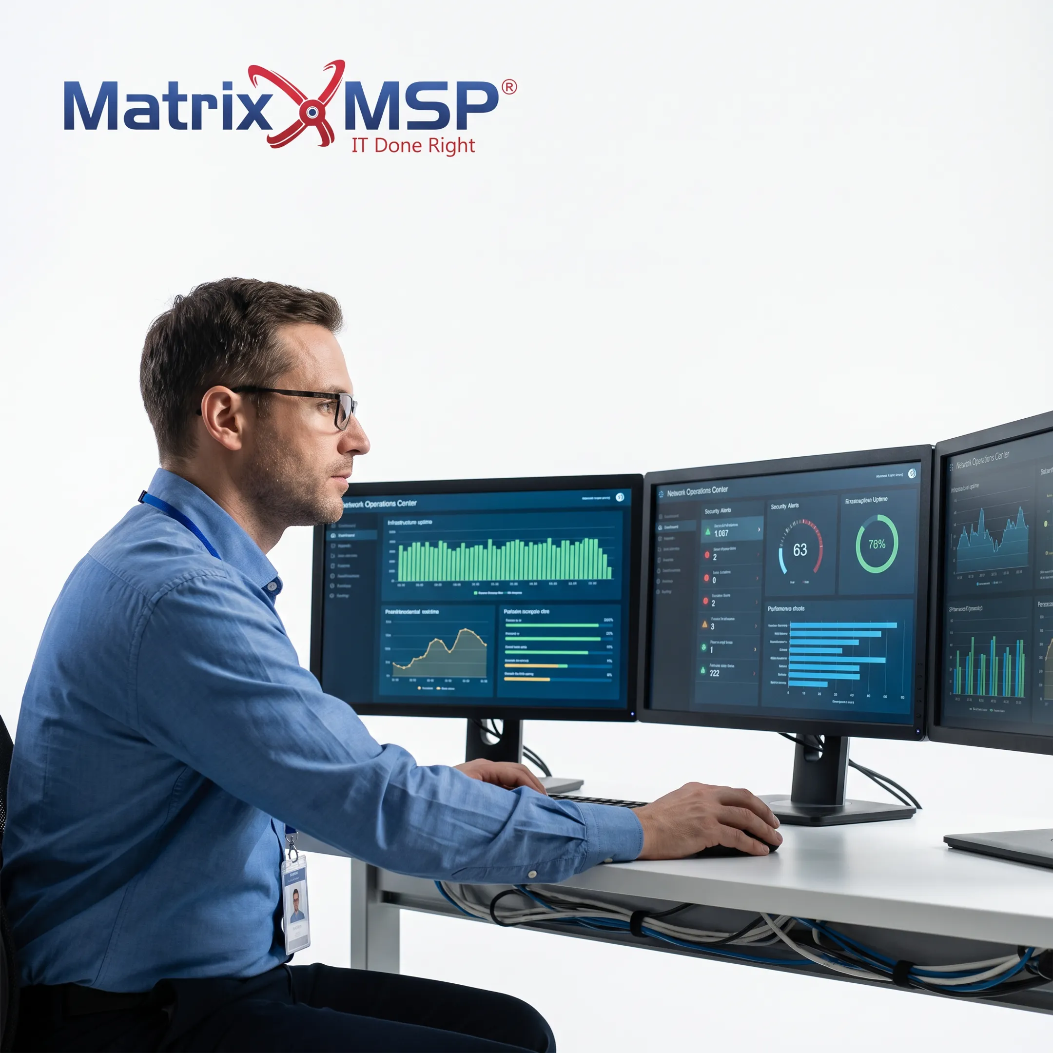 IT engineer monitoring a network operations center dashboard