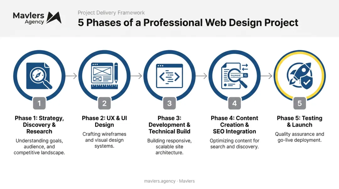 5-phase web design process flow from discovery to launch