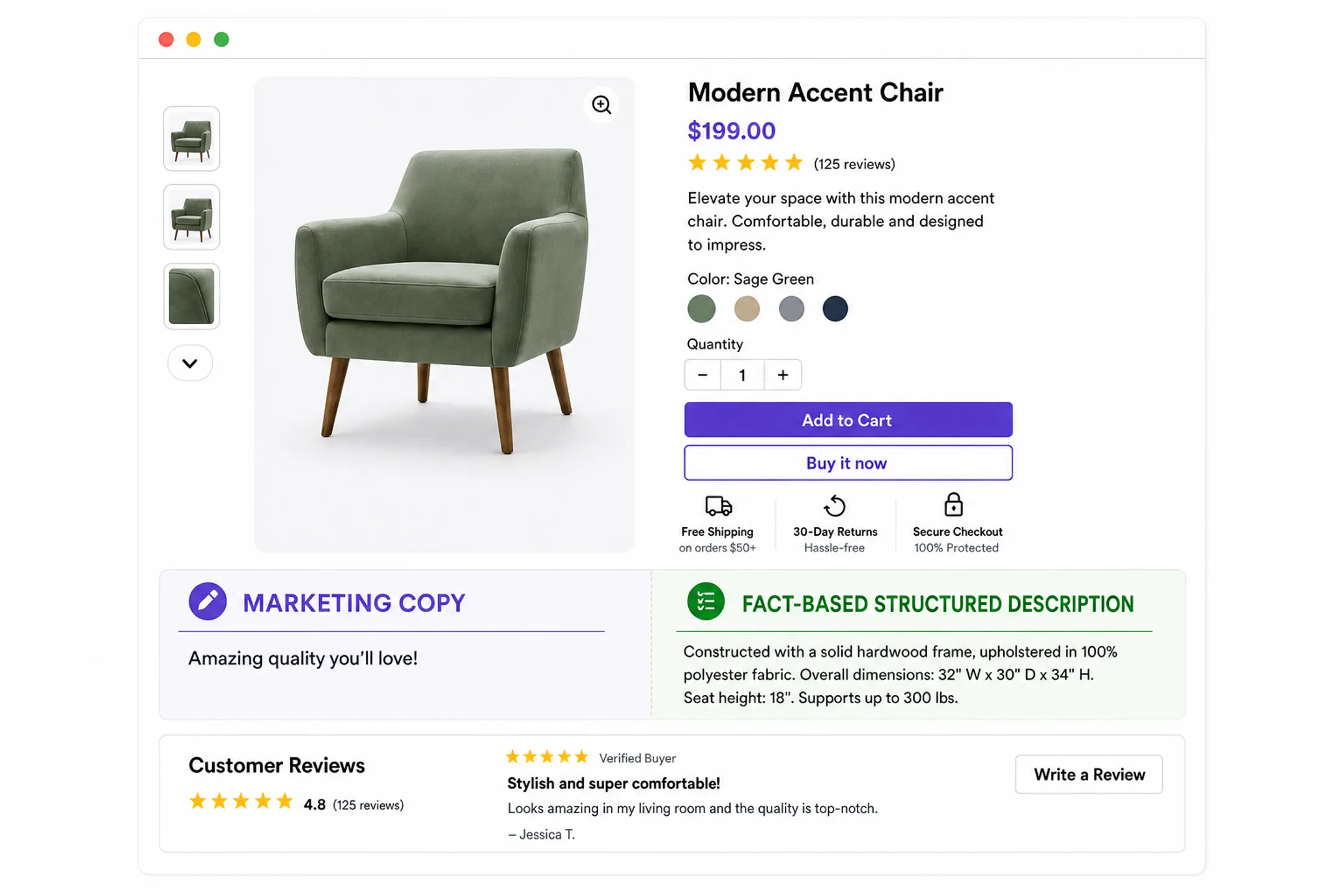 Before and after product description text optimized for AI citation