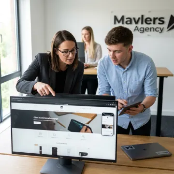 Development team reviewing responsive website layouts