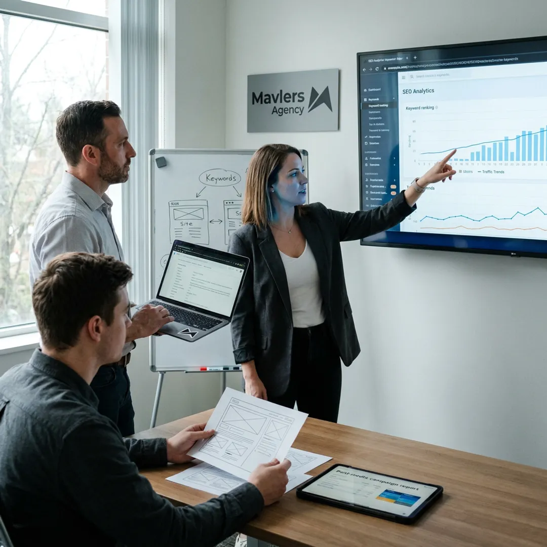 Web design and SEO team planning a website launch