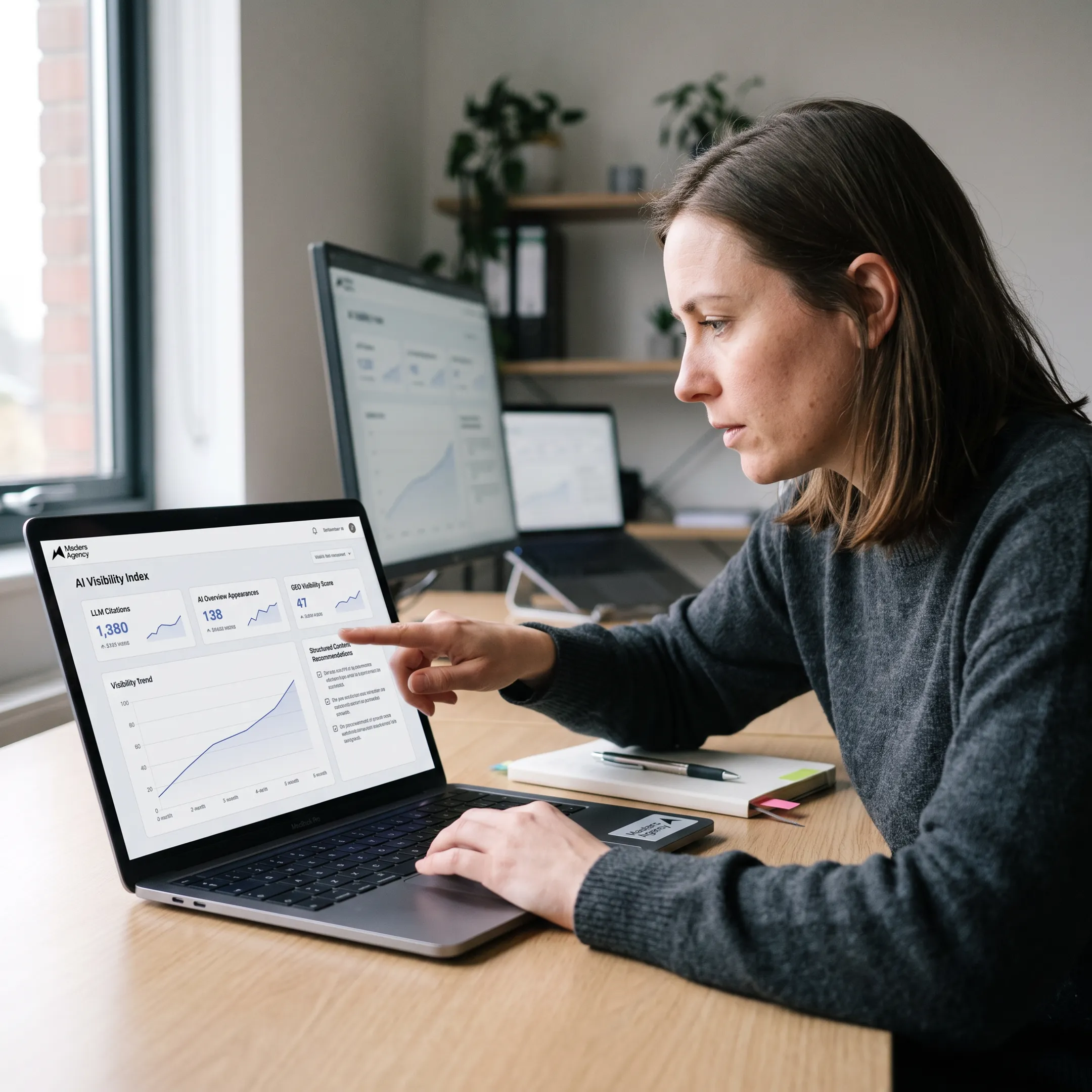 Marketing specialist reviewing AI search visibility data