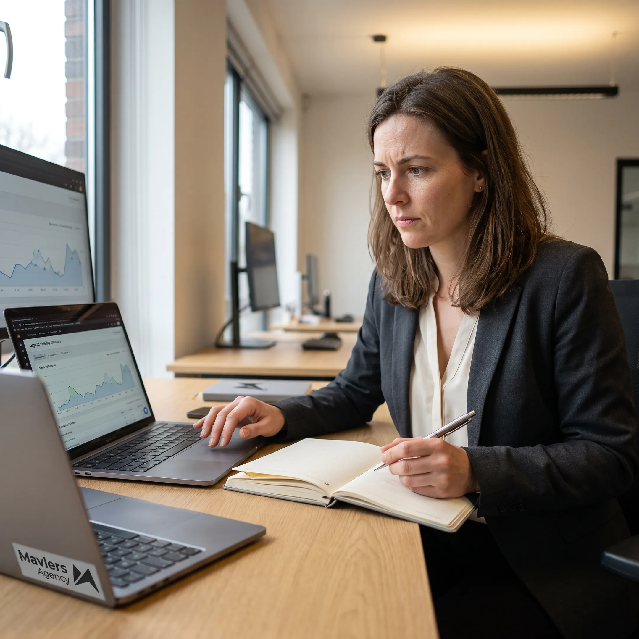 Marketing strategist reviewing AI search visibility data
