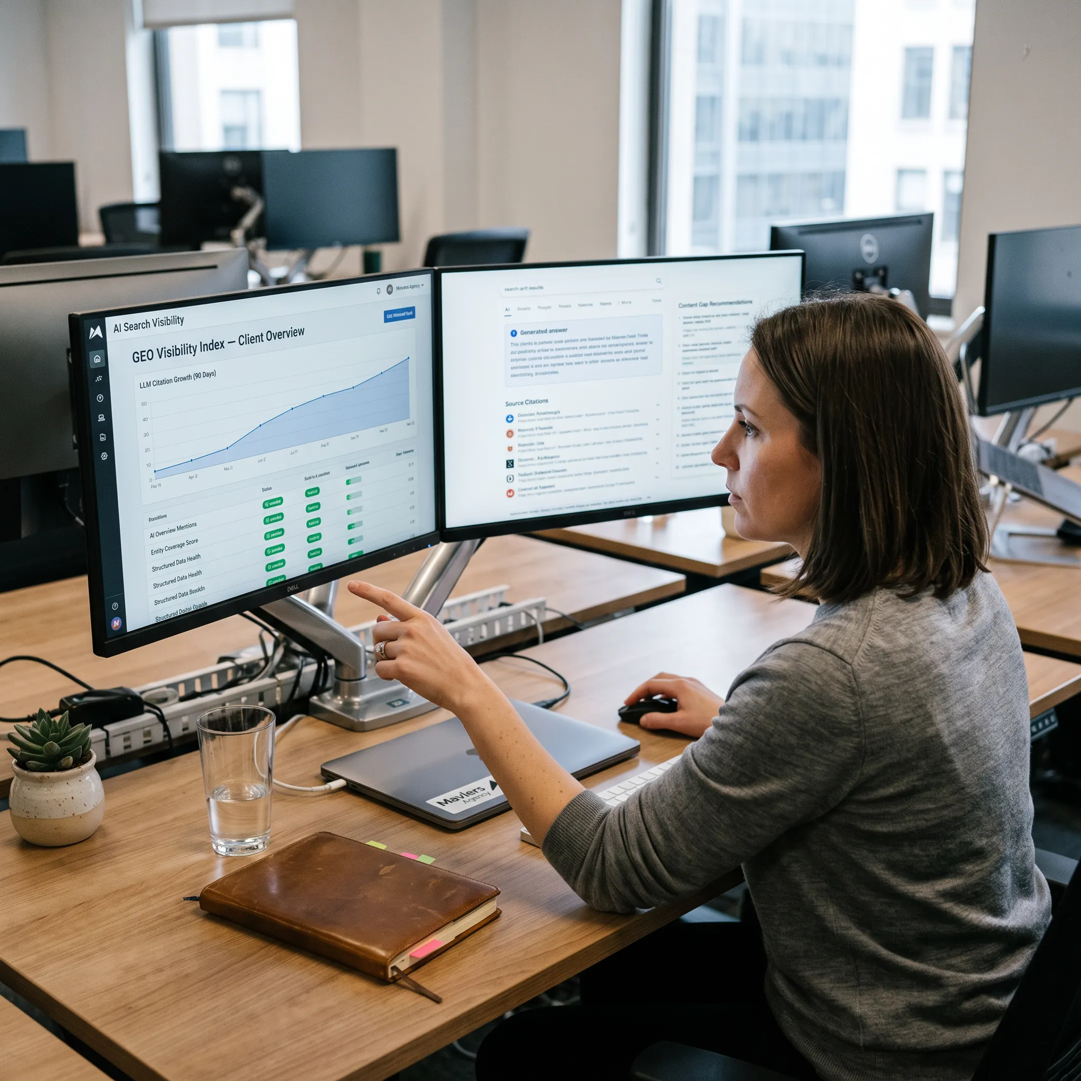 Marketing strategist reviewing AI search visibility data