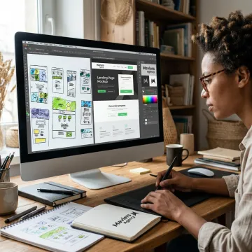 Designer creating small business website layouts
