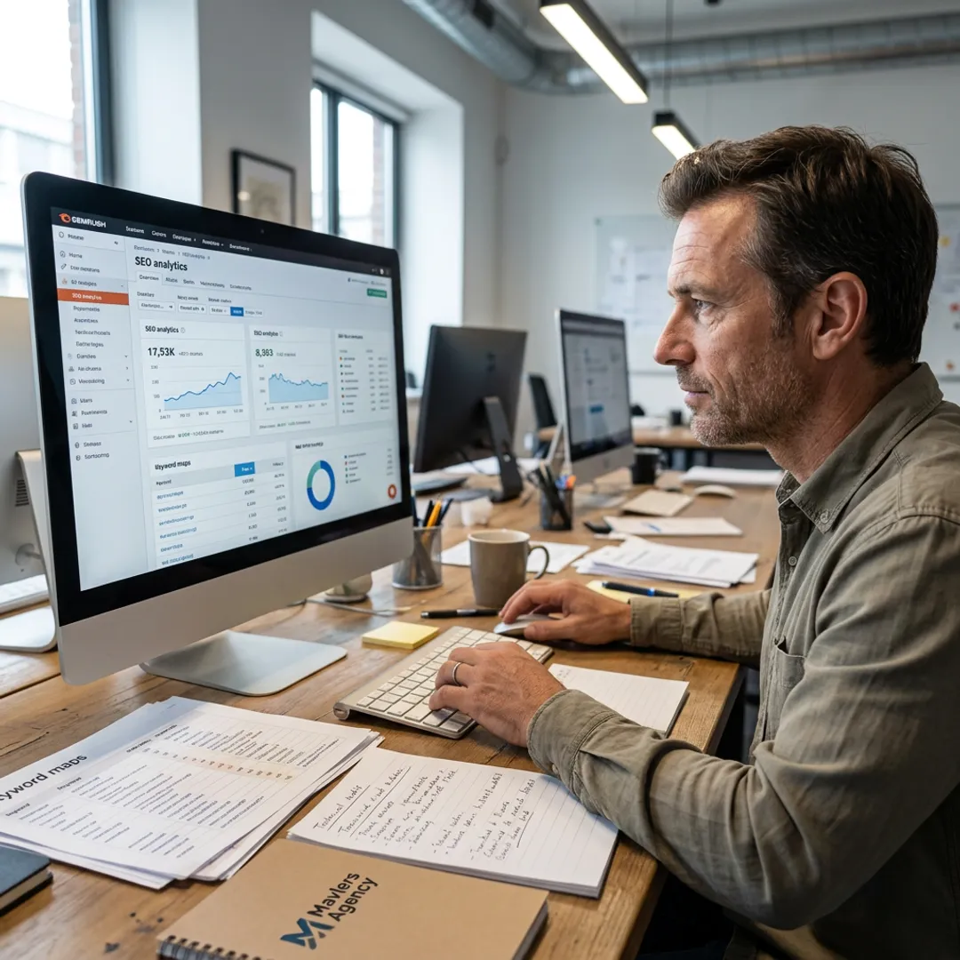 SEO strategist reviewing search performance roadmap