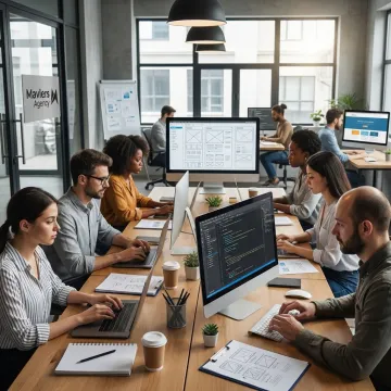 Web development team reviewing a website launch plan