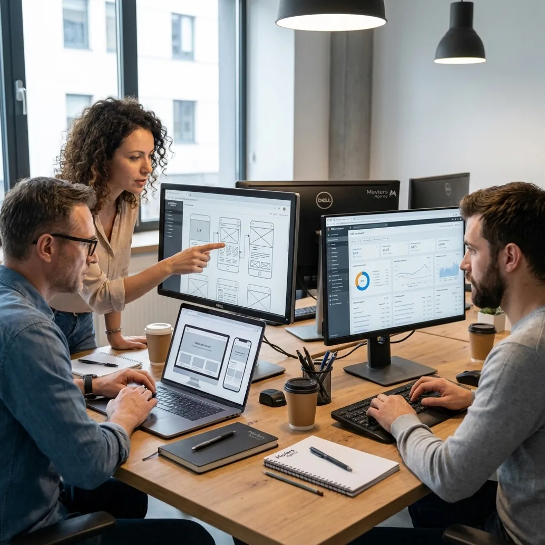 Website design team reviewing UX wireframes