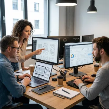 Website design team reviewing UX wireframes