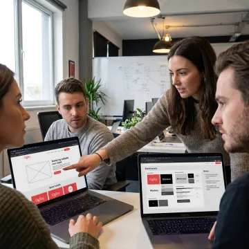 Website design team planning wireframes and layouts