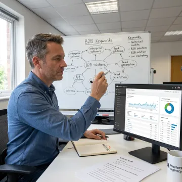 SEO strategist reviewing analytics process