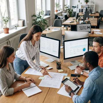 Web development team reviewing website launch workflow