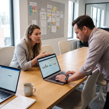 Marketing specialists reviewing campaign workflow