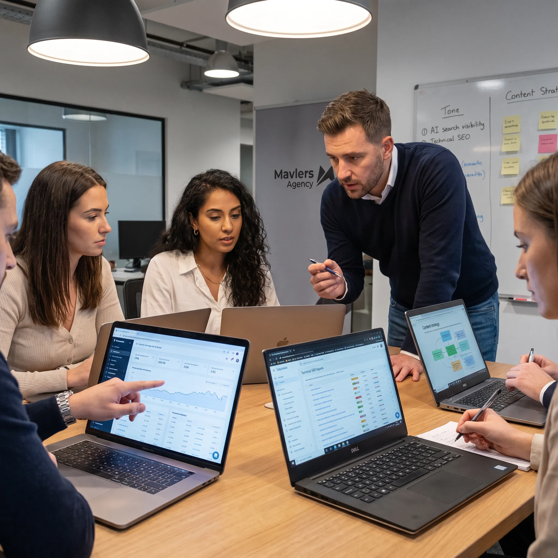Marketing team reviewing AI search visibility data