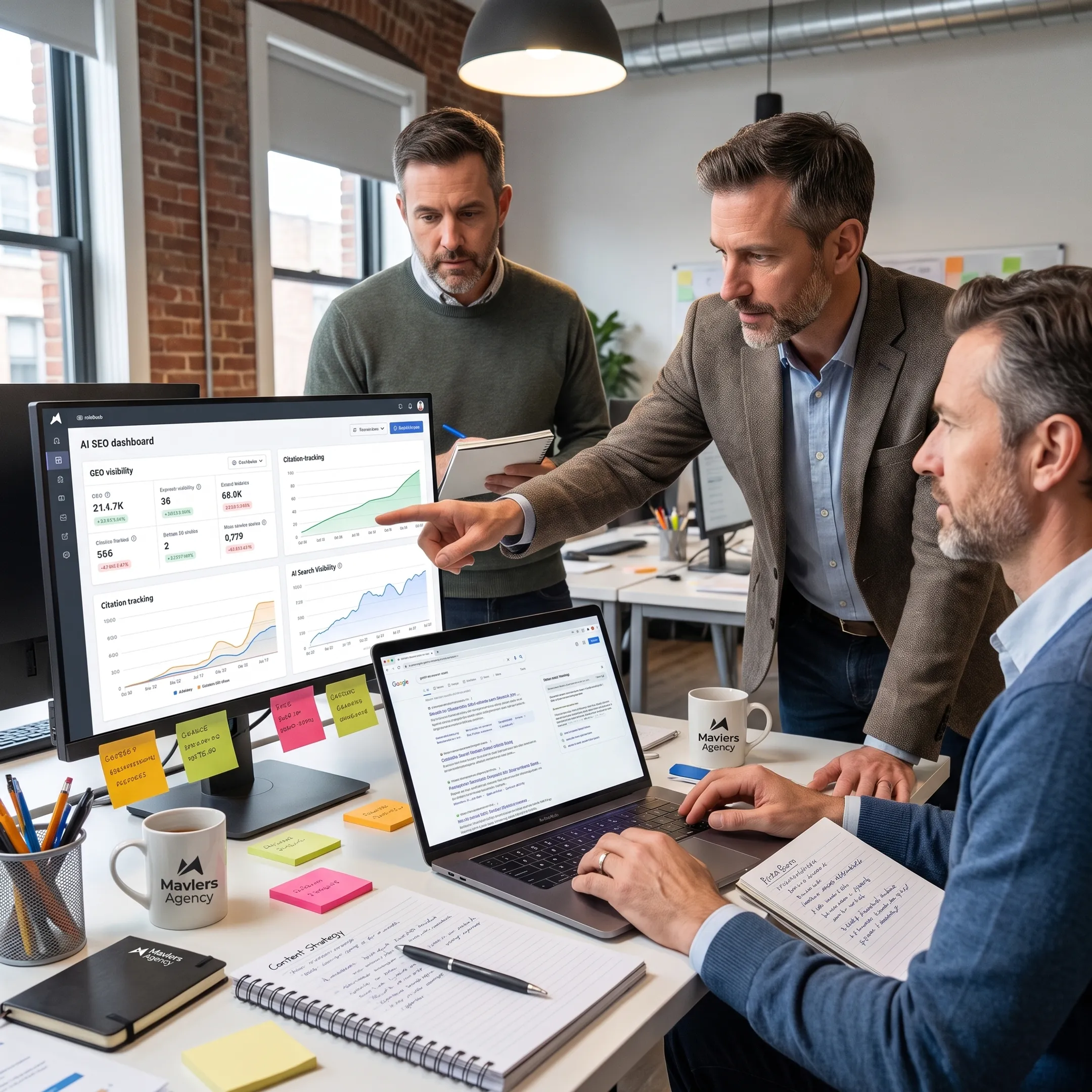 Agency team reviewing AI search visibility data