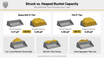 Struck versus heaped bucket capacity comparison with material type effects