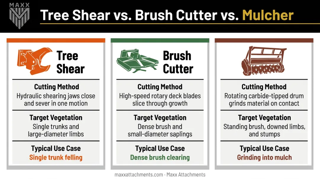 Tree shear versus brush cutter versus mulcher attachment comparison chart