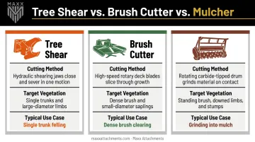 Tree shear versus brush cutter versus mulcher attachment comparison chart
