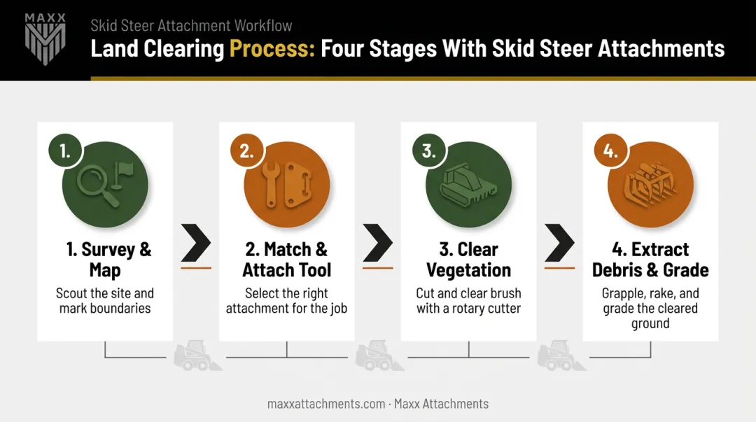 4-step skid steer land clearing process from survey to final grading