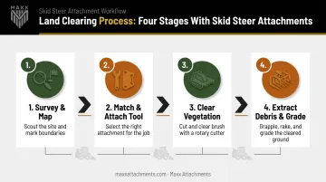 4-step skid steer land clearing process from survey to final grading