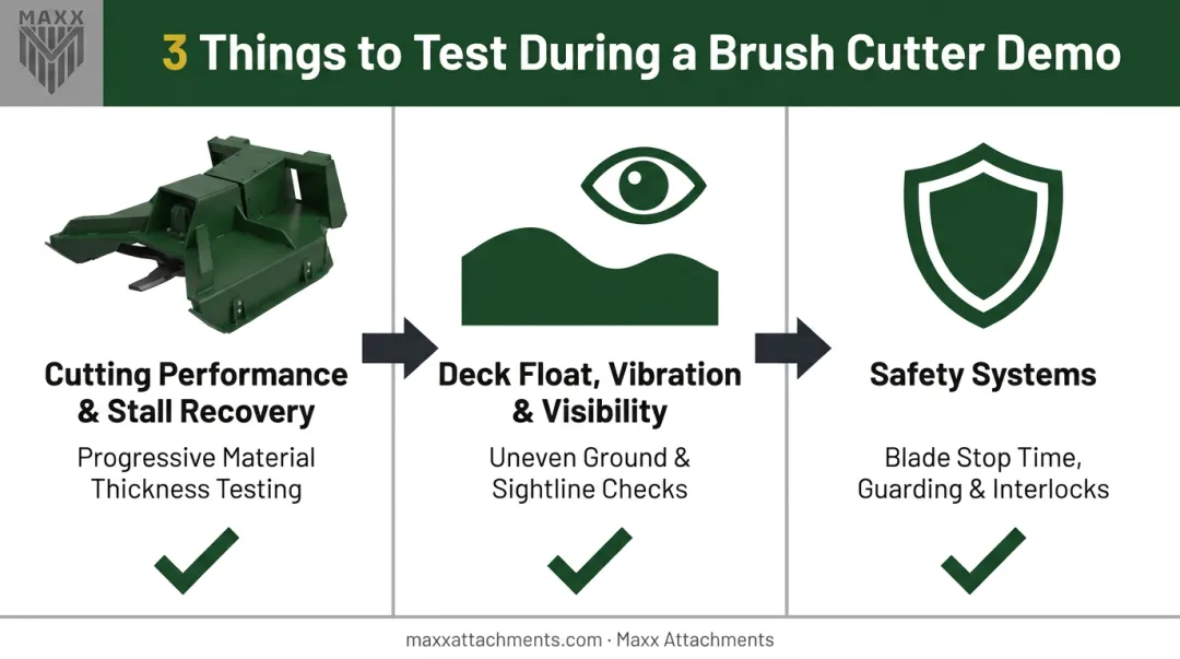 Three-part brush cutter demo testing checklist for cutting deck and safety