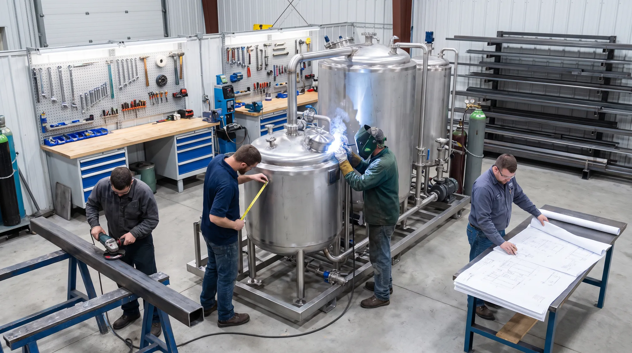 Company engineers fabricating custom container-cleaning modules in workshop