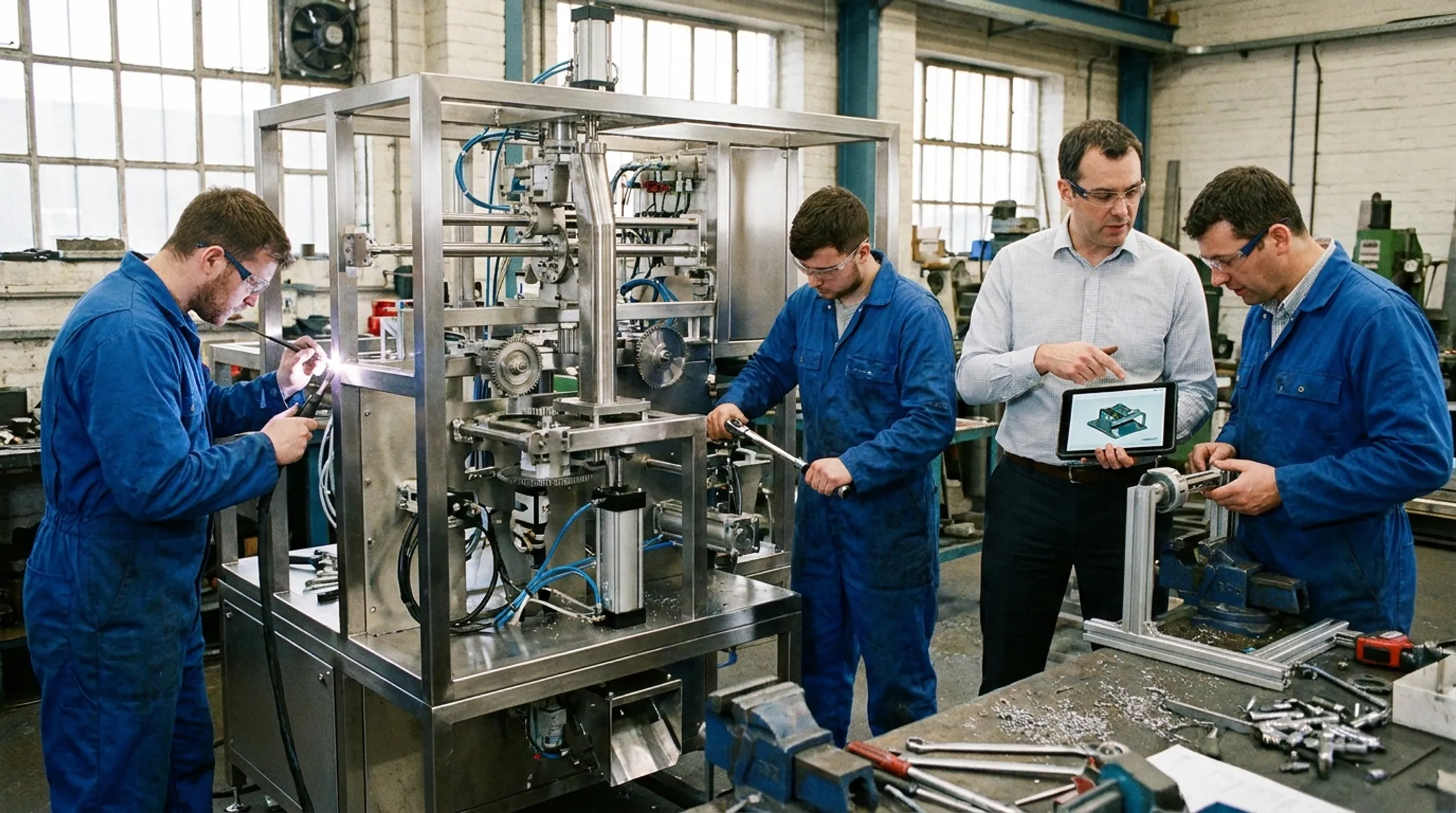 Company engineers fabricating custom stainless steel packaging machinery prototypes